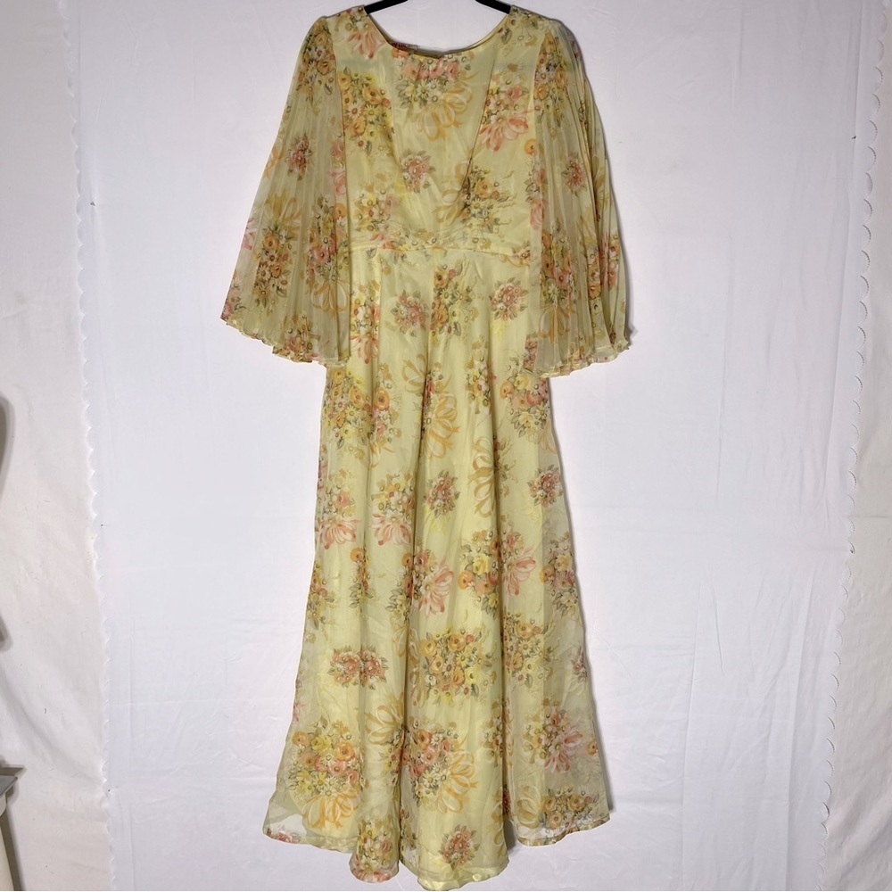 Vintage 70s Kay Stone Yellow Floral Pleated Sleeve Maxi Dress M Festival Boho
